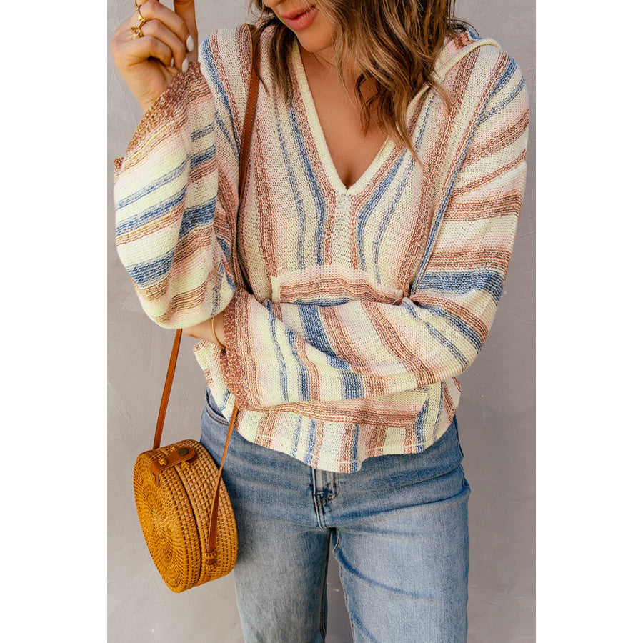 Contrast Striped Dropped Shoulder Hooded Knit Top Apparel and Accessories