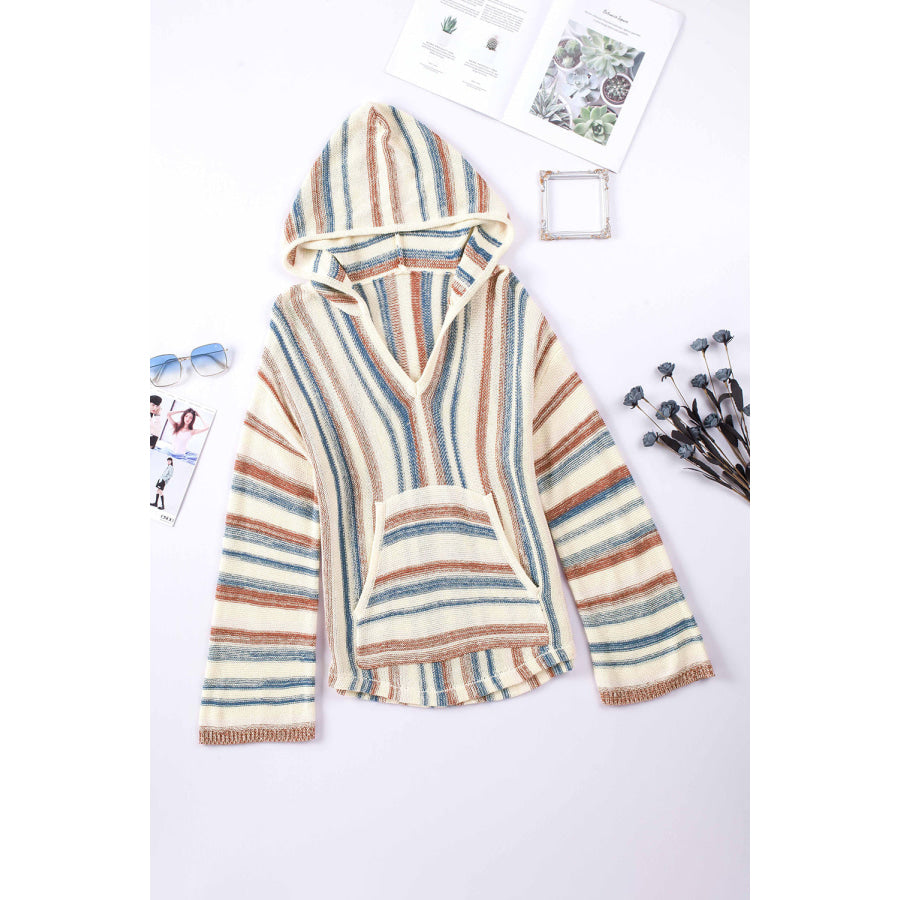 Contrast Striped Dropped Shoulder Hooded Knit Top Apparel and Accessories