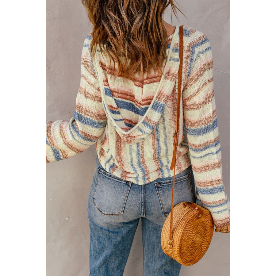 Contrast Striped Dropped Shoulder Hooded Knit Top Apparel and Accessories