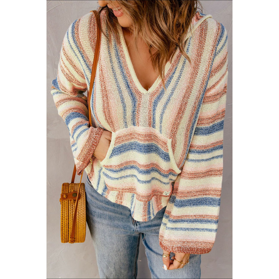 Contrast Striped Dropped Shoulder Hooded Knit Top Stripe / S Apparel and Accessories