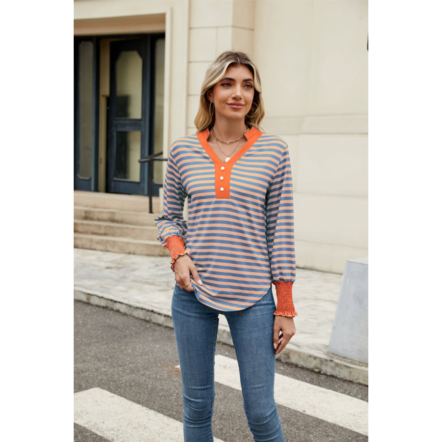 Contrast Striped Notched Long Sleeve Top Apparel and Accessories