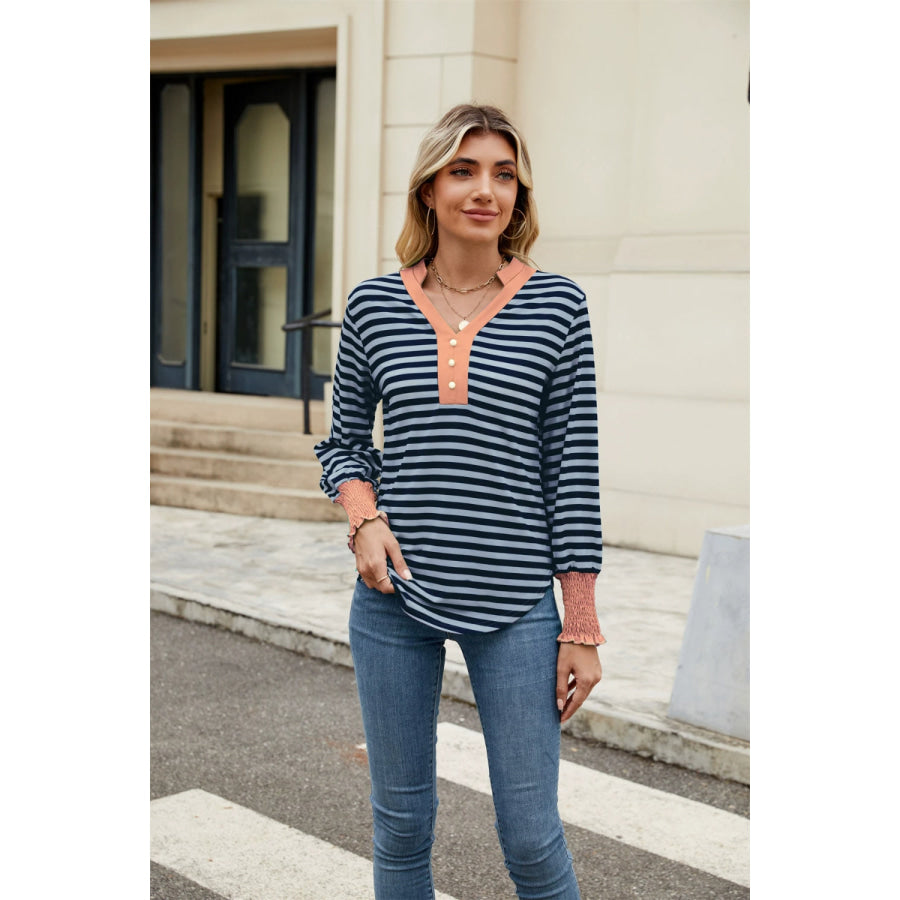 Contrast Striped Notched Long Sleeve Top Apparel and Accessories
