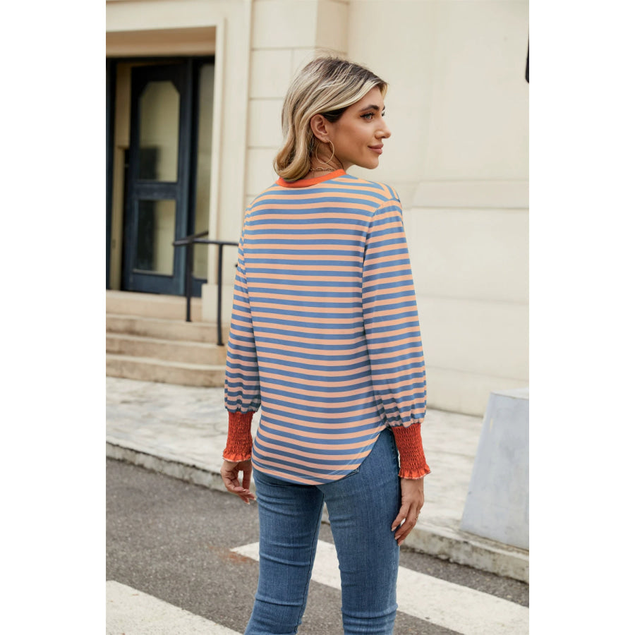 Contrast Striped Notched Long Sleeve Top Apparel and Accessories
