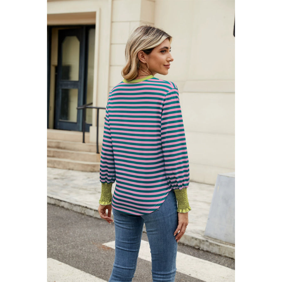 Contrast Striped Notched Long Sleeve Top Apparel and Accessories