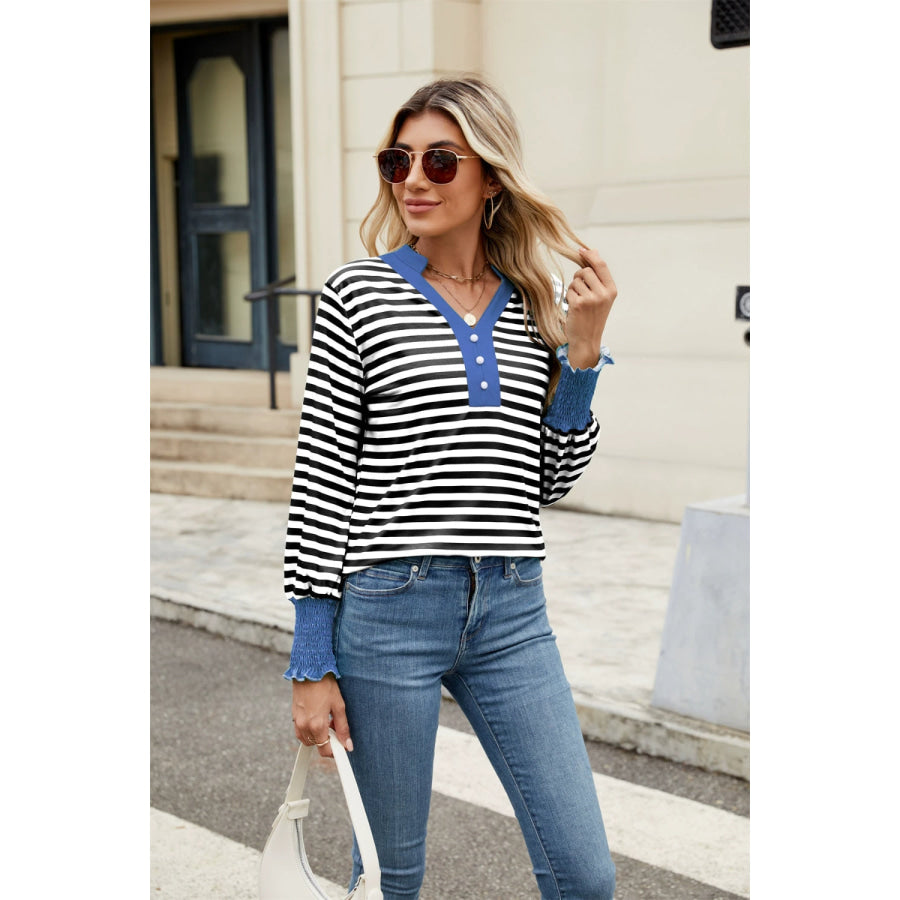 Contrast Striped Notched Long Sleeve Top Apparel and Accessories