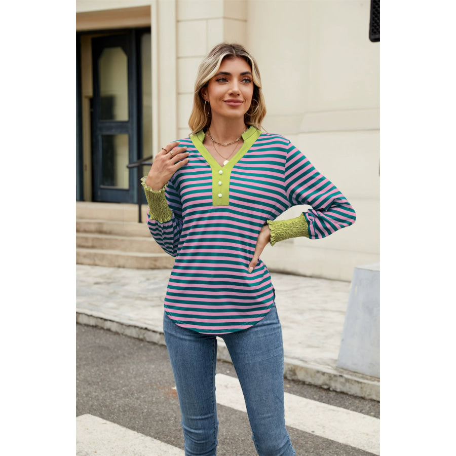 Contrast Striped Notched Long Sleeve Top Apparel and Accessories
