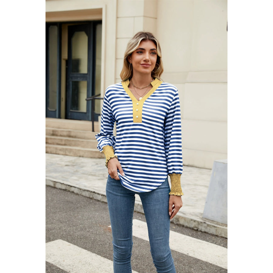Contrast Striped Notched Long Sleeve Top Apparel and Accessories