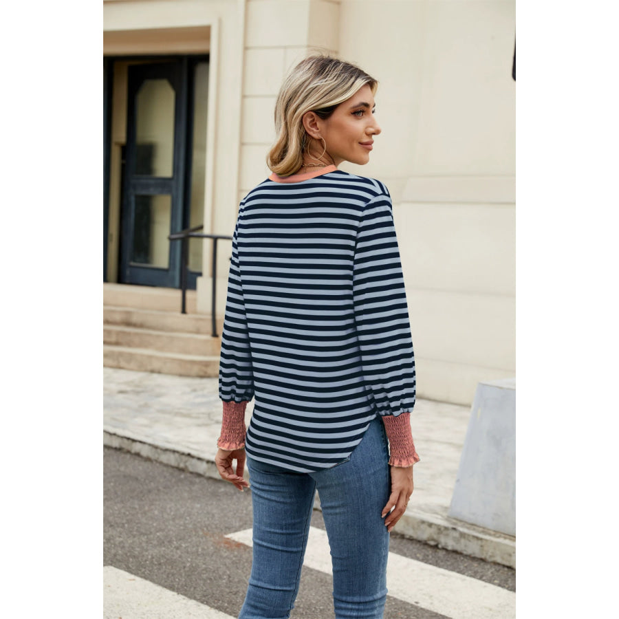 Contrast Striped Notched Long Sleeve Top Apparel and Accessories