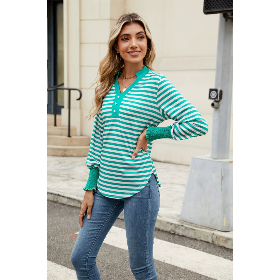 Contrast Striped Notched Long Sleeve Top Apparel and Accessories