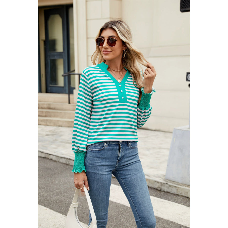 Contrast Striped Notched Long Sleeve Top Apparel and Accessories