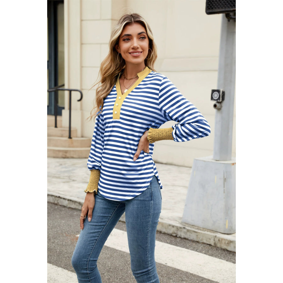 Contrast Striped Notched Long Sleeve Top Apparel and Accessories