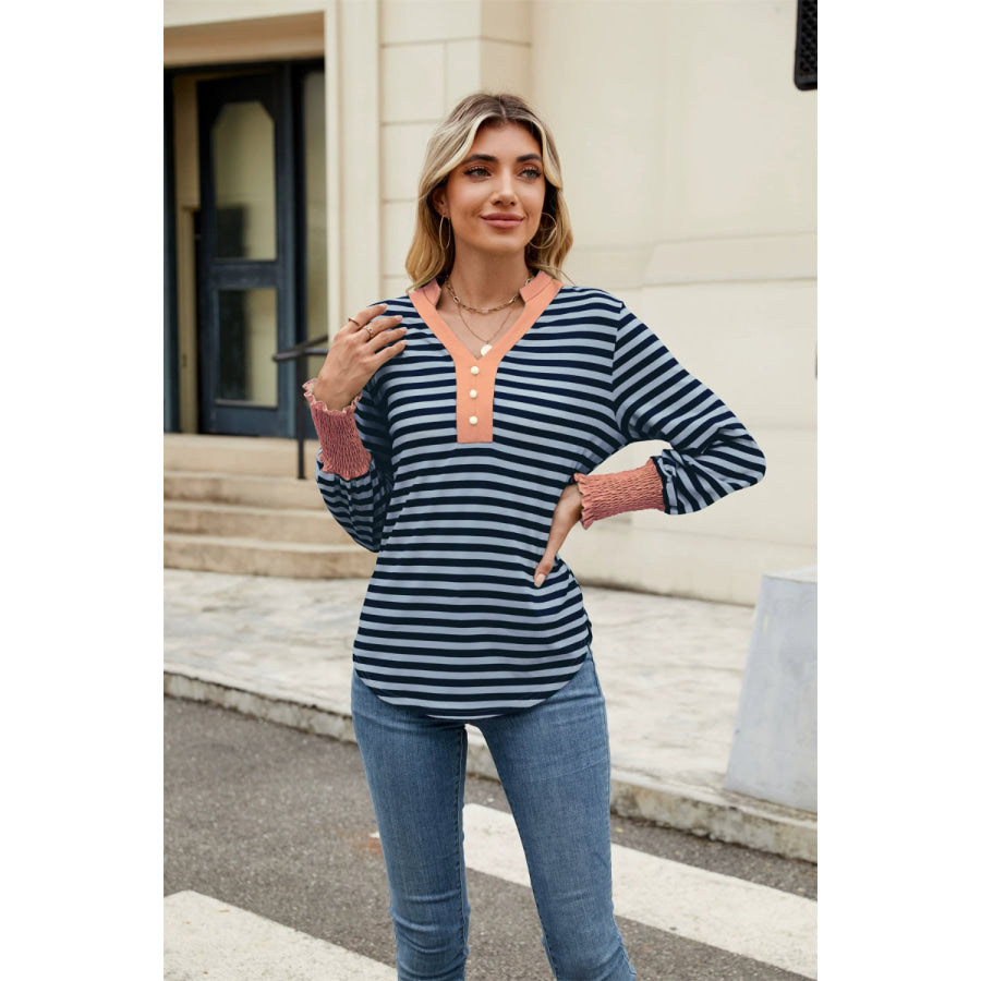 Contrast Striped Notched Long Sleeve Top Apparel and Accessories