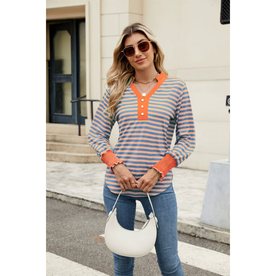 Contrast Striped Notched Long Sleeve Top Apparel and Accessories