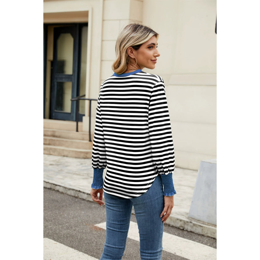 Contrast Striped Notched Long Sleeve Top Apparel and Accessories