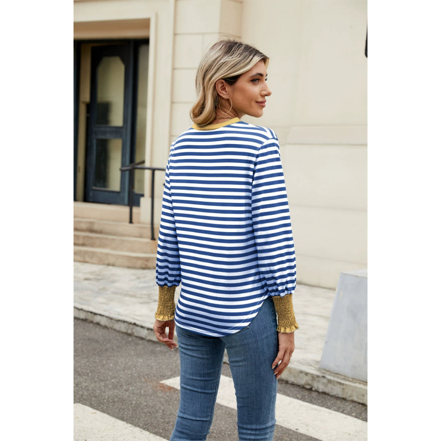 Contrast Striped Notched Long Sleeve Top Apparel and Accessories