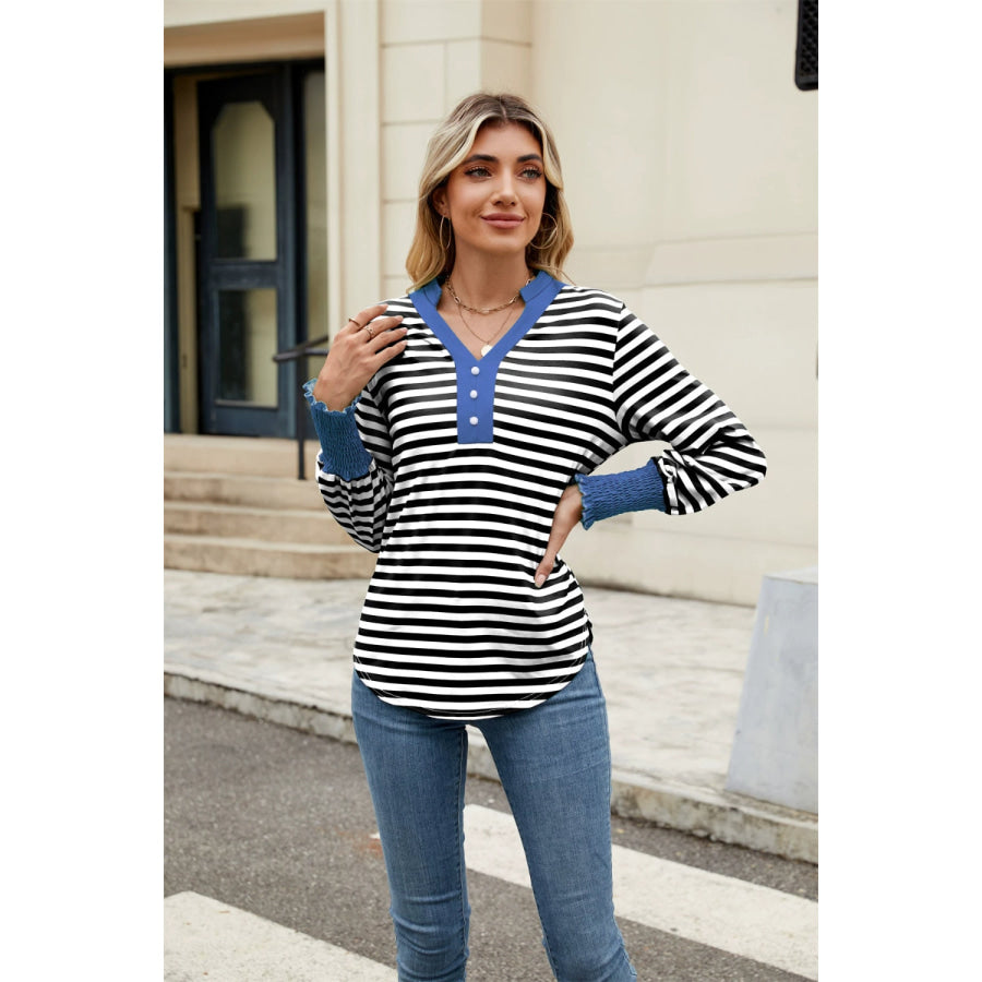 Contrast Striped Notched Long Sleeve Top Apparel and Accessories