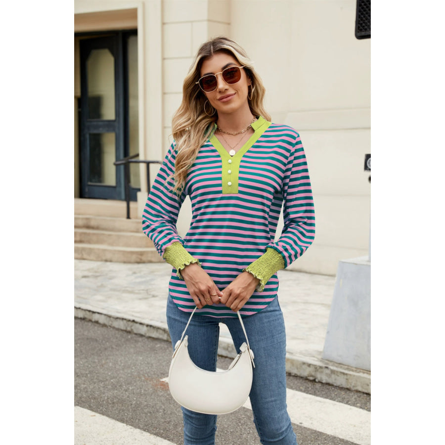 Contrast Striped Notched Long Sleeve Top Apparel and Accessories
