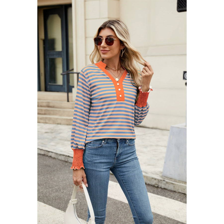 Contrast Striped Notched Long Sleeve Top Apparel and Accessories