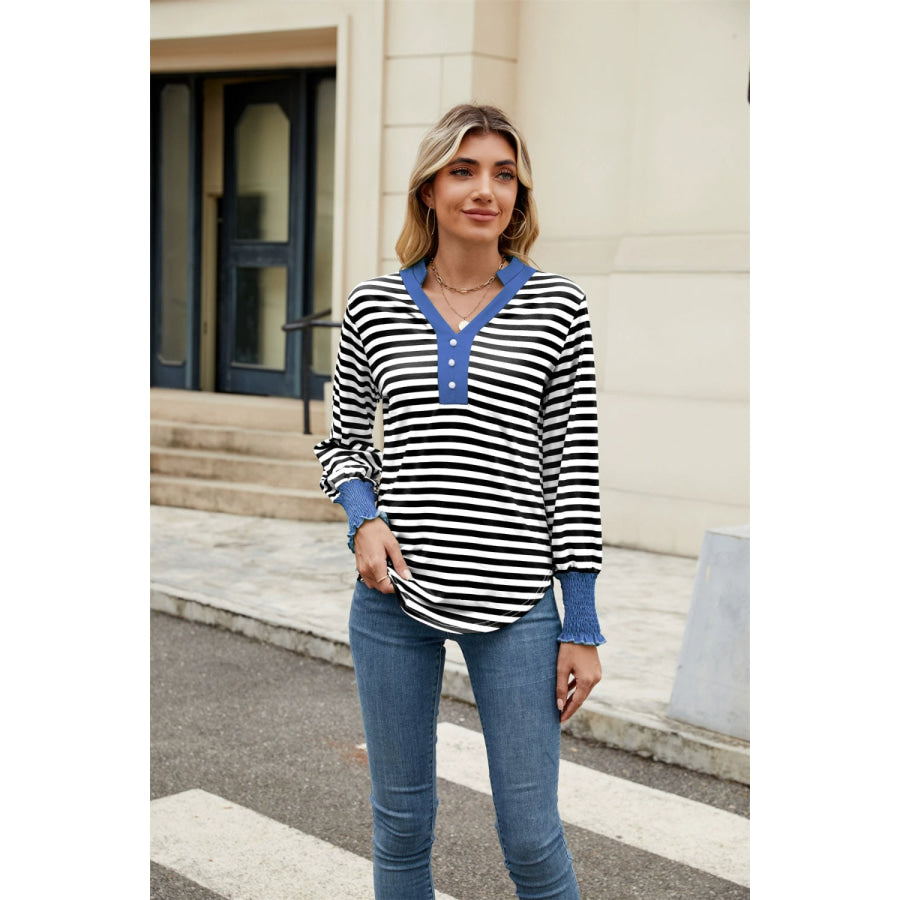 Contrast Striped Notched Long Sleeve Top Dusty Blue / S Apparel and Accessories