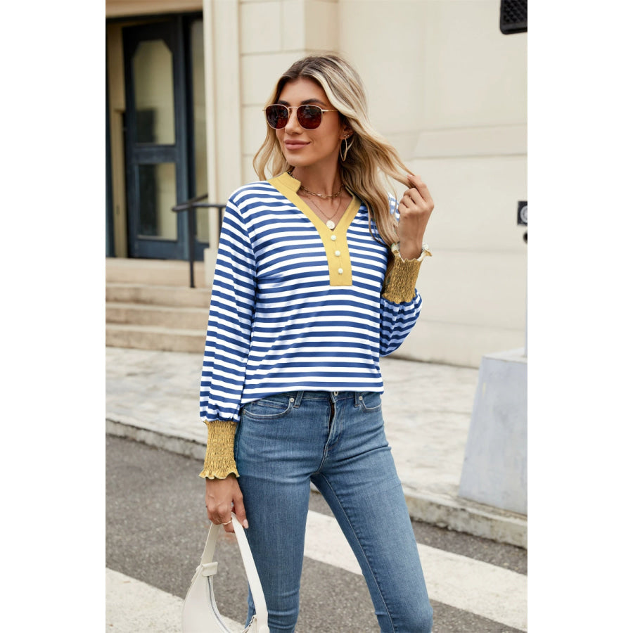Contrast Striped Notched Long Sleeve Top Mustard / S Apparel and Accessories