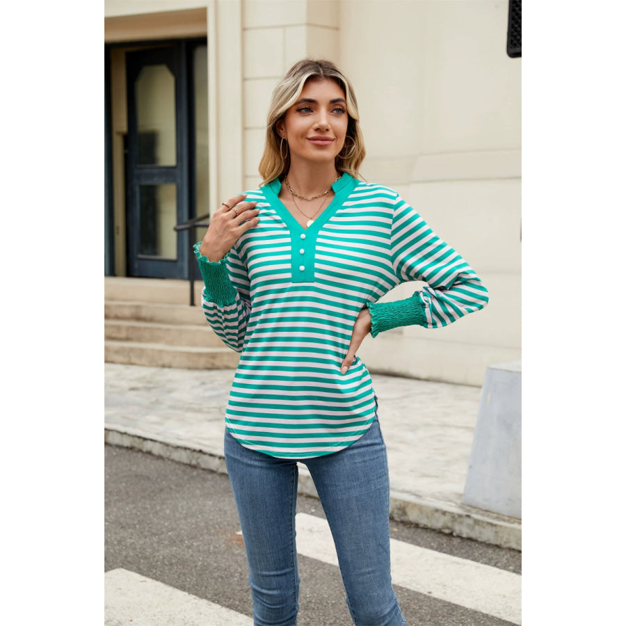 Contrast Striped Notched Long Sleeve Top Turquoise / S Apparel and Accessories