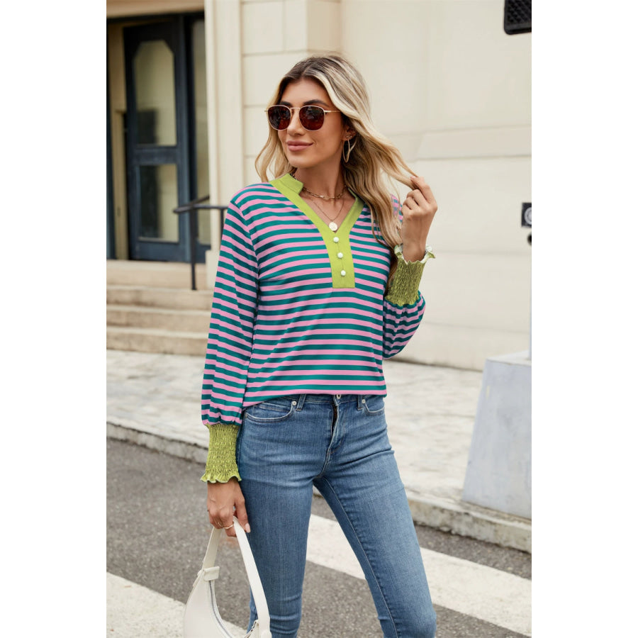 Contrast Striped Notched Long Sleeve Top Yellow-Green / S Apparel and Accessories