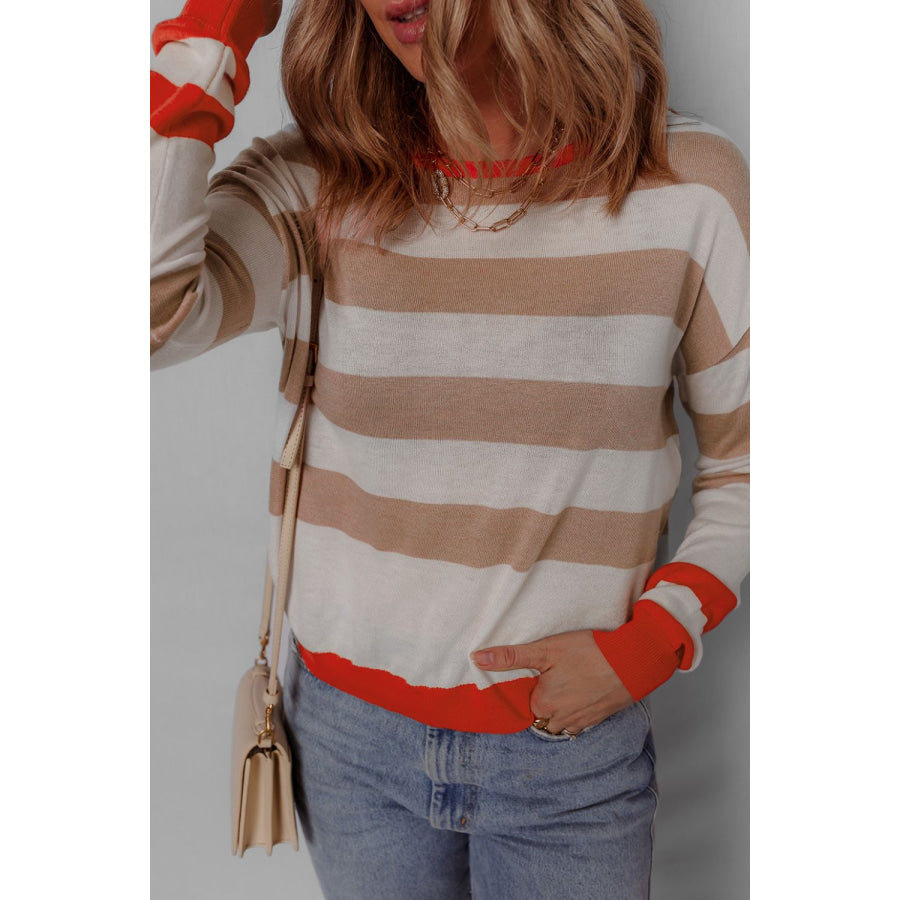 Contrast Striped Round Neck Drop Shoulder Knit Top Apparel and Accessories