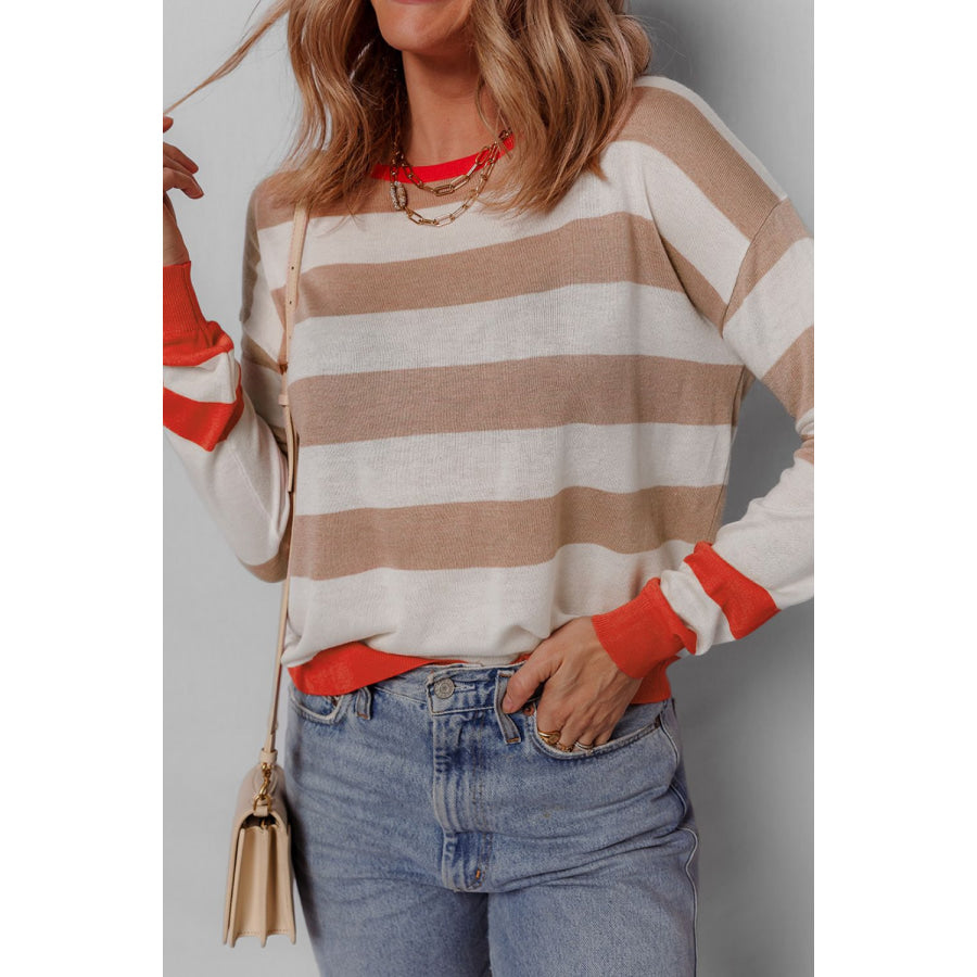 Contrast Striped Round Neck Drop Shoulder Knit Top Stripe / S Apparel and Accessories