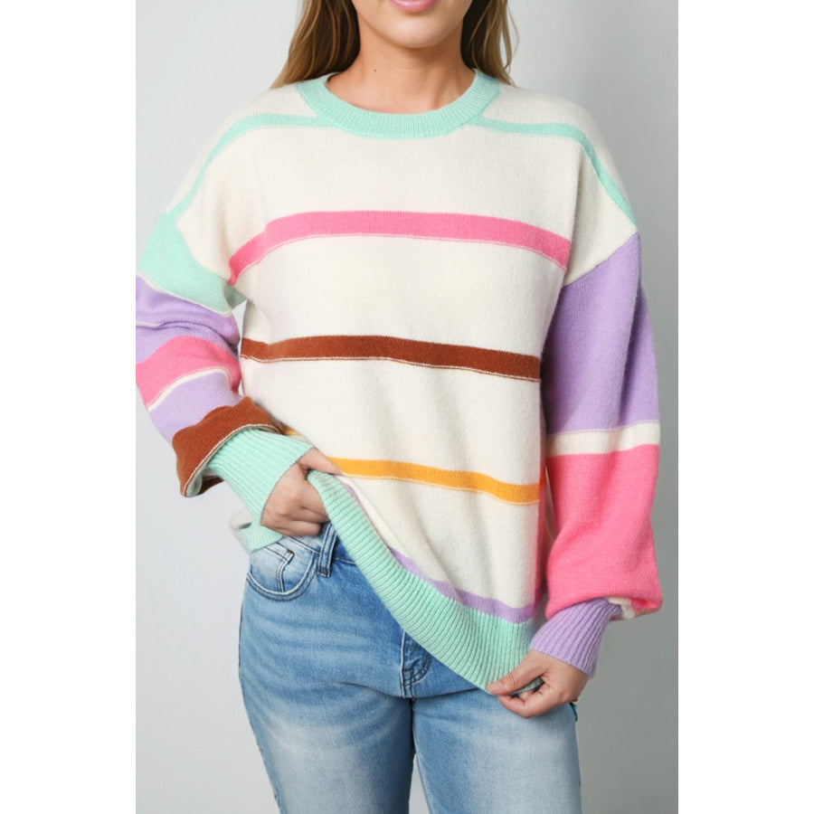 Contrast Striped Round Neck Drop Shoulder Sweater Apparel and Accessories