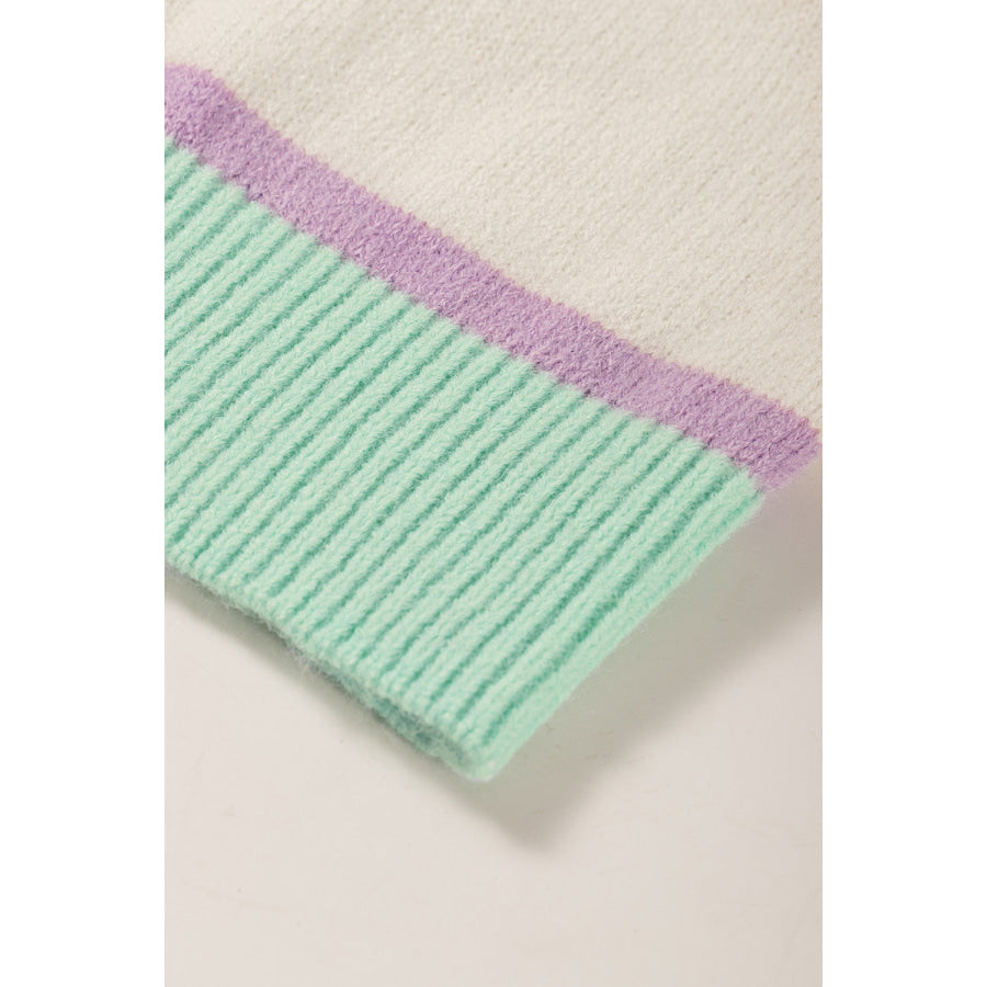 Contrast Striped Round Neck Drop Shoulder Sweater Apparel and Accessories