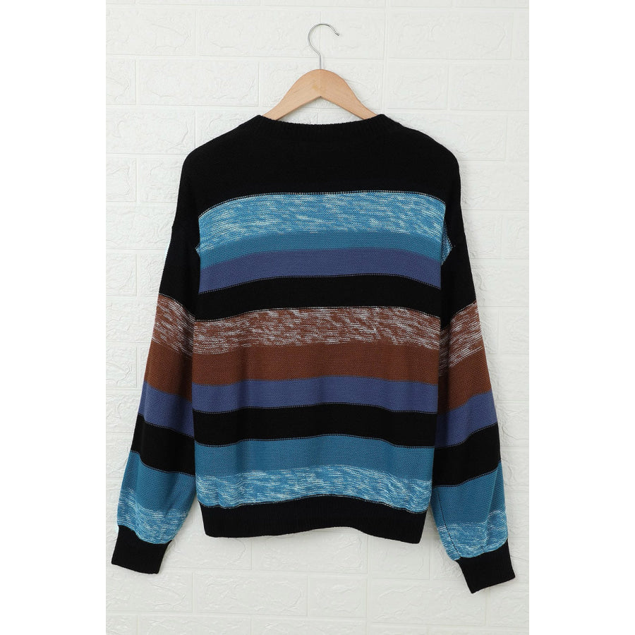 Contrast Striped Round Neck Drop Shoulder Sweater Apparel and Accessories