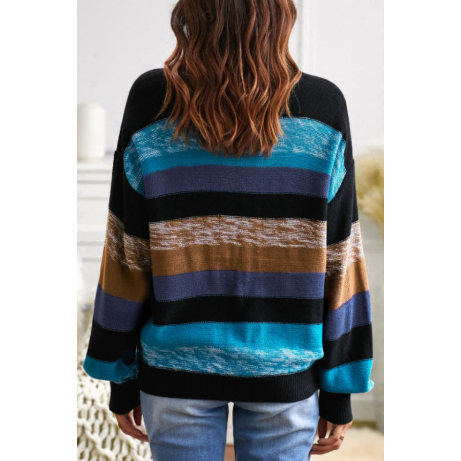 Contrast Striped Round Neck Drop Shoulder Sweater Apparel and Accessories