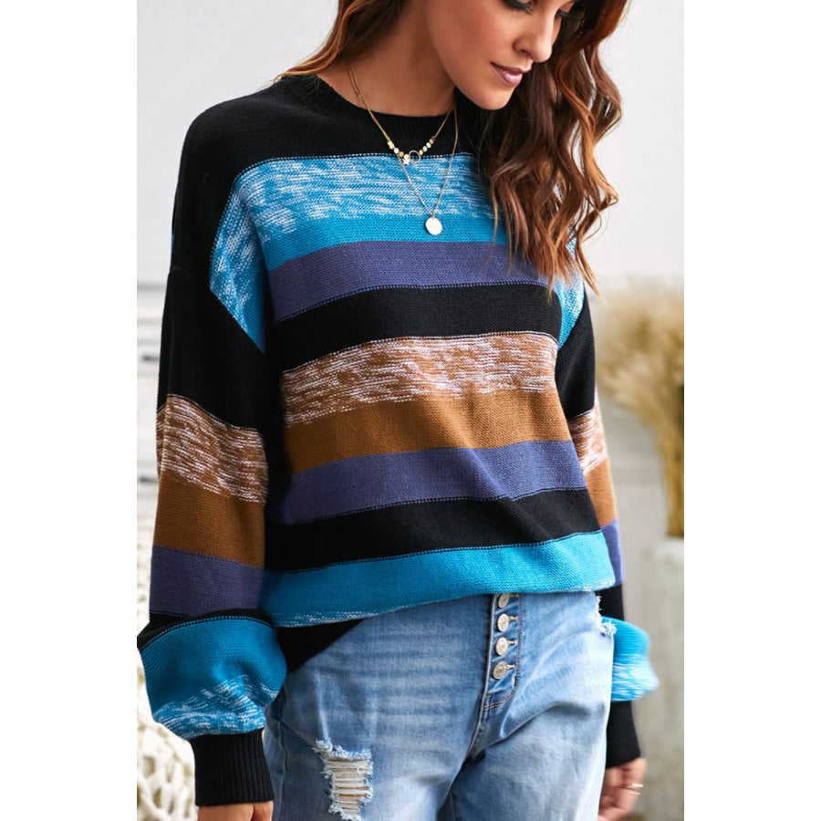 Contrast Striped Round Neck Drop Shoulder Sweater Apparel and Accessories
