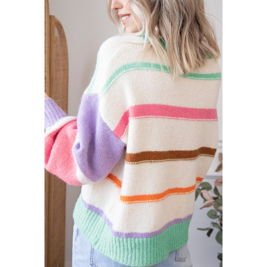 Contrast Striped Round Neck Drop Shoulder Sweater Apparel and Accessories