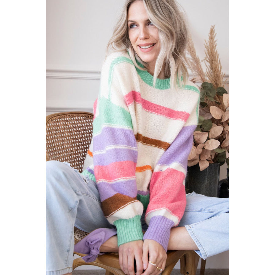 Contrast Striped Round Neck Drop Shoulder Sweater Apparel and Accessories