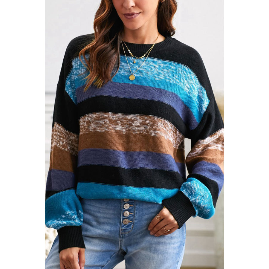 Contrast Striped Round Neck Drop Shoulder Sweater Blue / S Apparel and Accessories