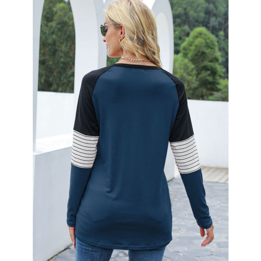 Contrast Striped Round Neck Long Sleeve T-Shirt Apparel and Accessories