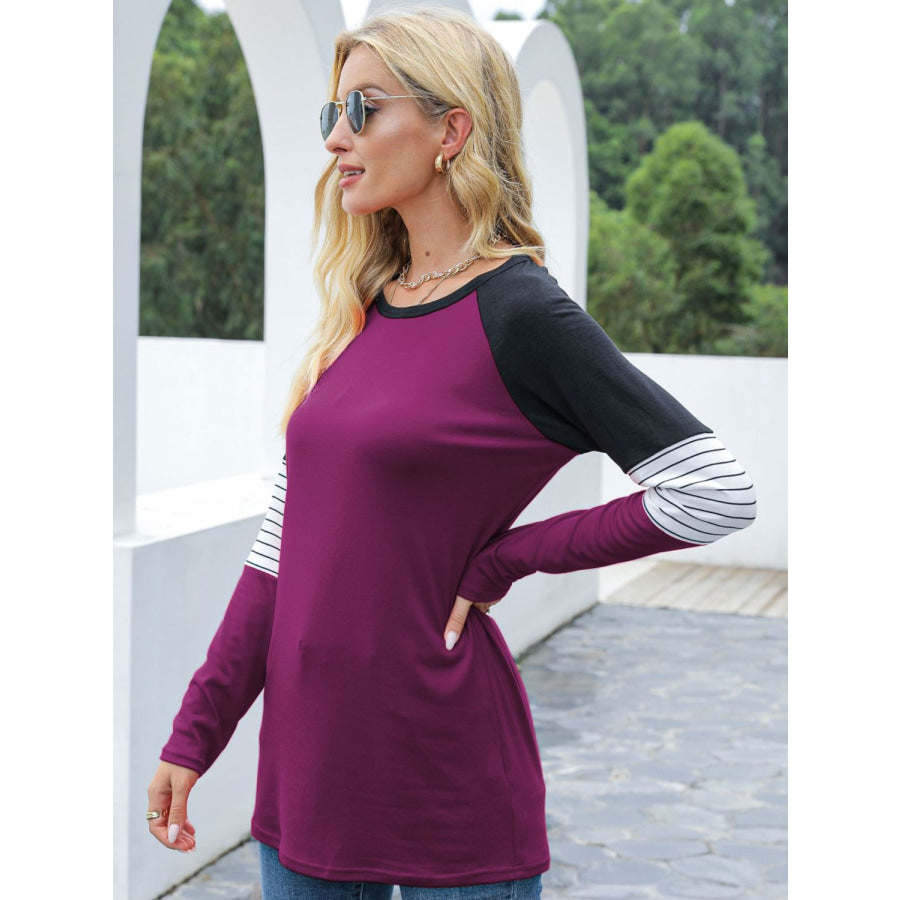 Contrast Striped Round Neck Long Sleeve T-Shirt Apparel and Accessories