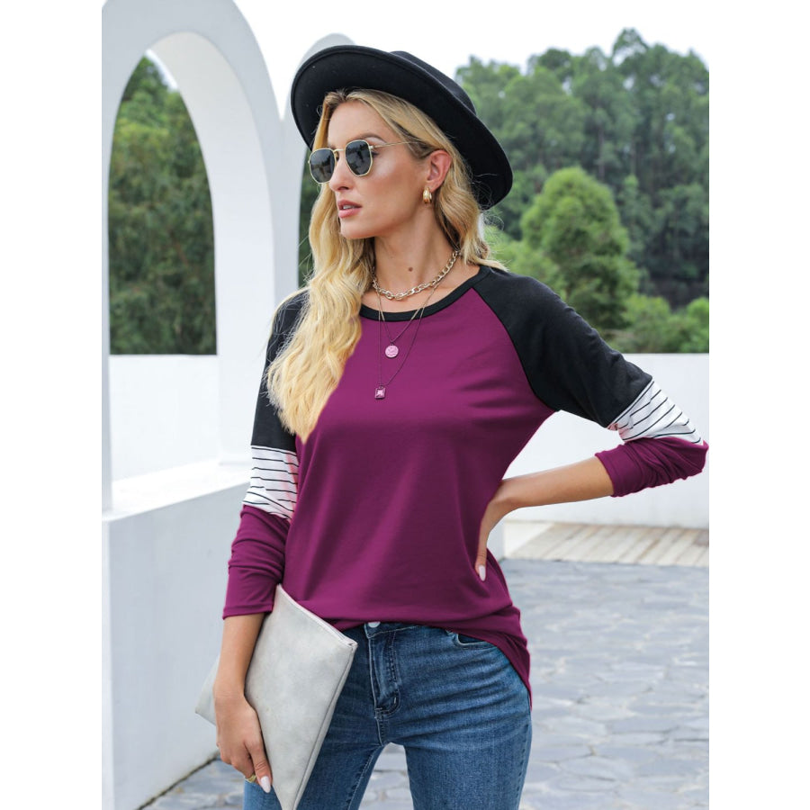 Contrast Striped Round Neck Long Sleeve T-Shirt Apparel and Accessories