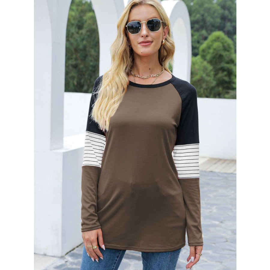 Contrast Striped Round Neck Long Sleeve T-Shirt Taupe / S Apparel and Accessories