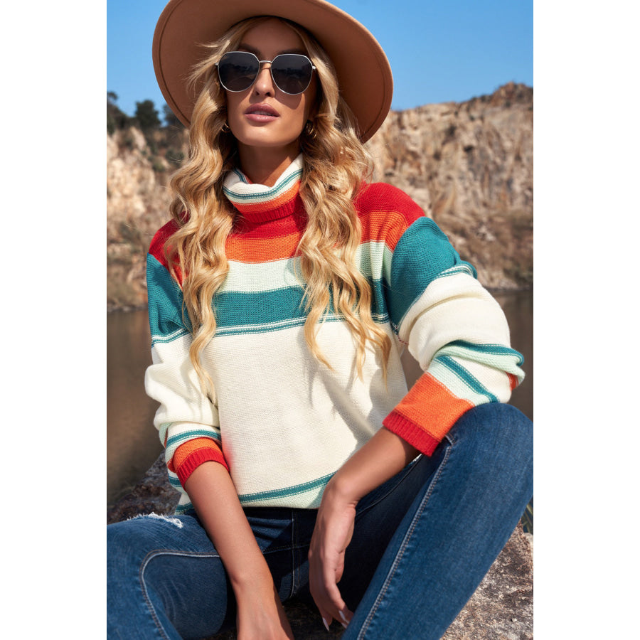 Contrast Striped Turtleneck Dropped Shoulder Sweater Apparel and Accessories