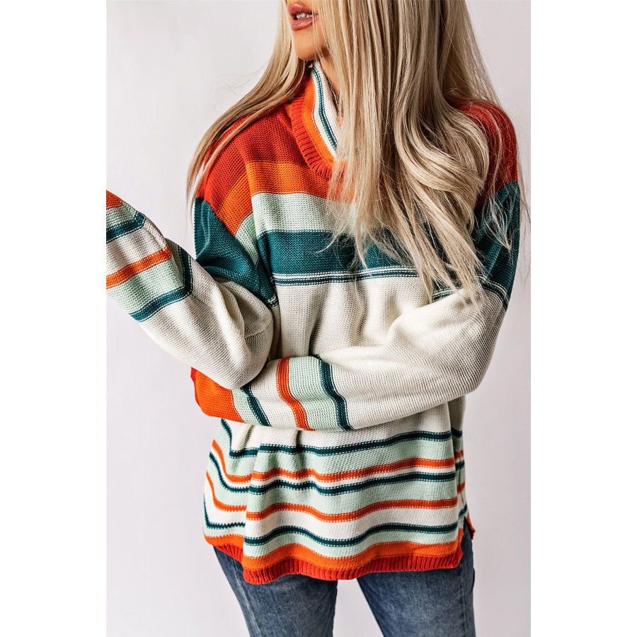 Contrast Striped Turtleneck Dropped Shoulder Sweater Stripe / S Apparel and Accessories