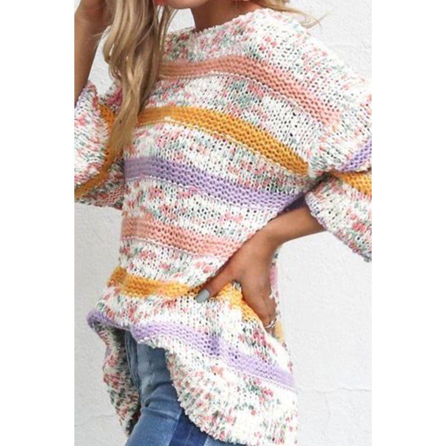 Contrast Stripes Round Neck Long Sleeve Sweater Apparel and Accessories