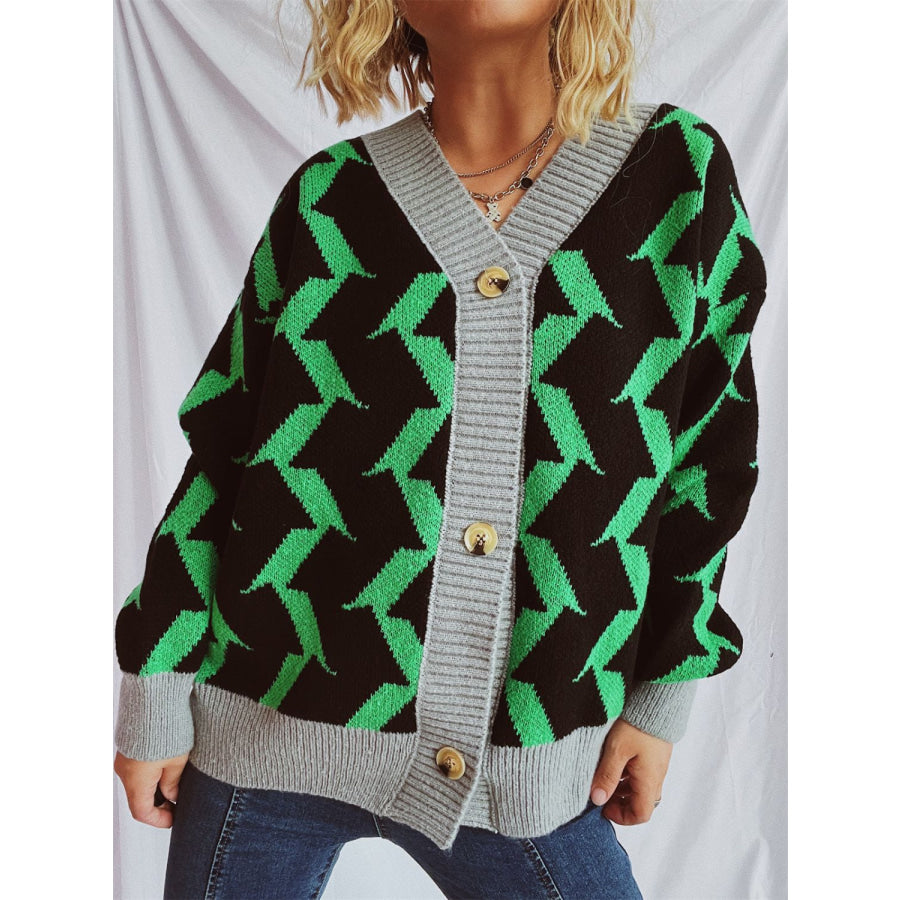 Contrast Trim Geometric V-Neck Long Sleeve Cardigan Apparel and Accessories