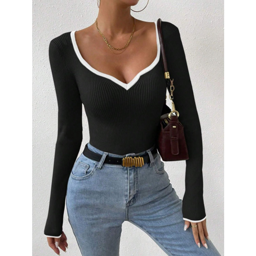 Contrast Trim Long Sleeve Knit Top Black / S Apparel and Accessories