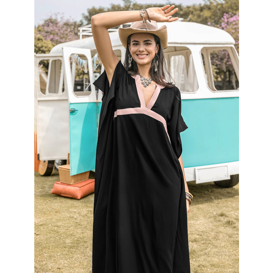 Contrast Trim Notched Slit Short Sleeve Midi Dress Apparel and Accessories