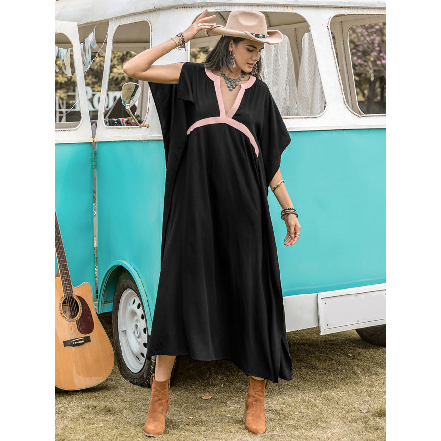 Contrast Trim Notched Slit Short Sleeve Midi Dress Apparel and Accessories