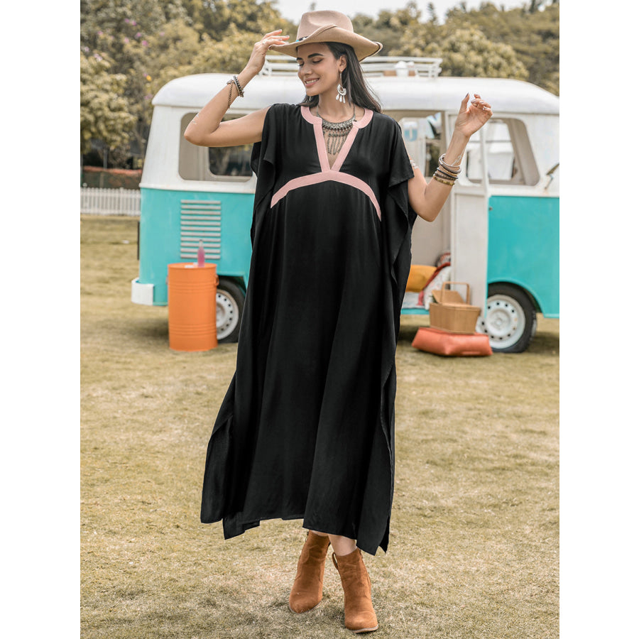 Contrast Trim Notched Slit Short Sleeve Midi Dress Apparel and Accessories