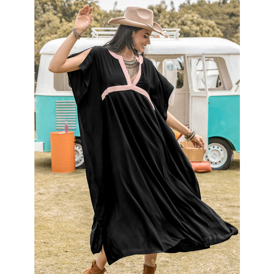 Contrast Trim Notched Slit Short Sleeve Midi Dress Apparel and Accessories