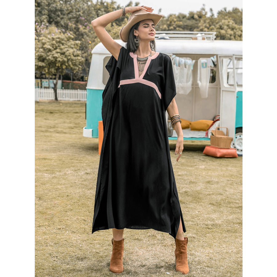 Contrast Trim Notched Slit Short Sleeve Midi Dress Black / S Apparel and Accessories